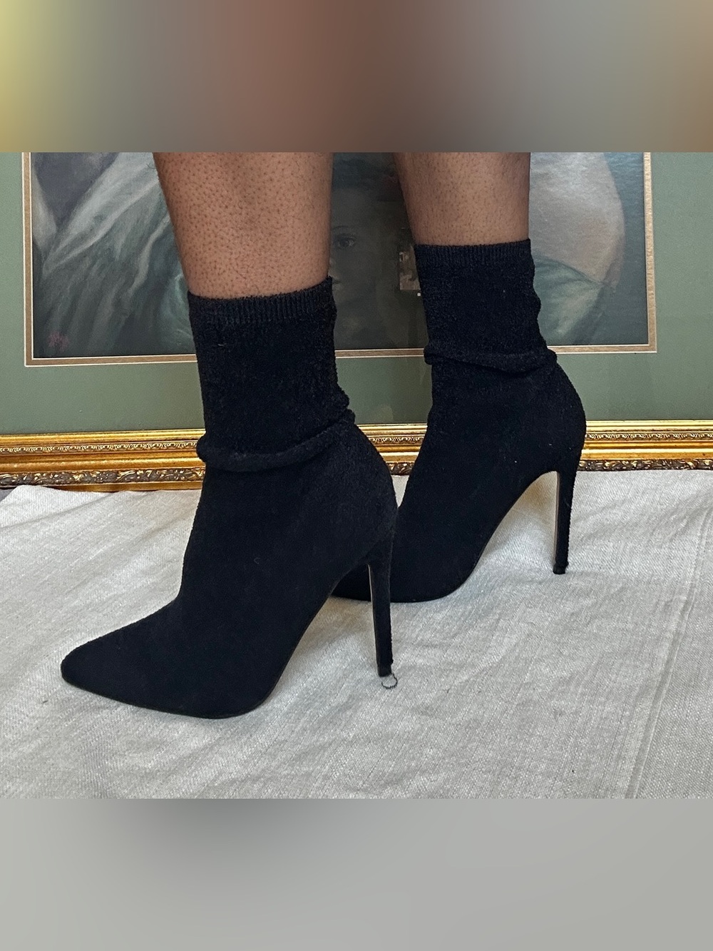Black Fuzzy Knit Sock Booties Pointed Toe Stiletto Heels Ankle Boots